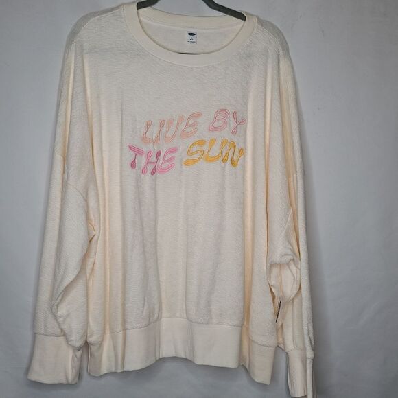4X Old Navy Loose Cropped Terry Sweatshirt Cream Live By The Sun Summer Embroide - Picture 2 of 7